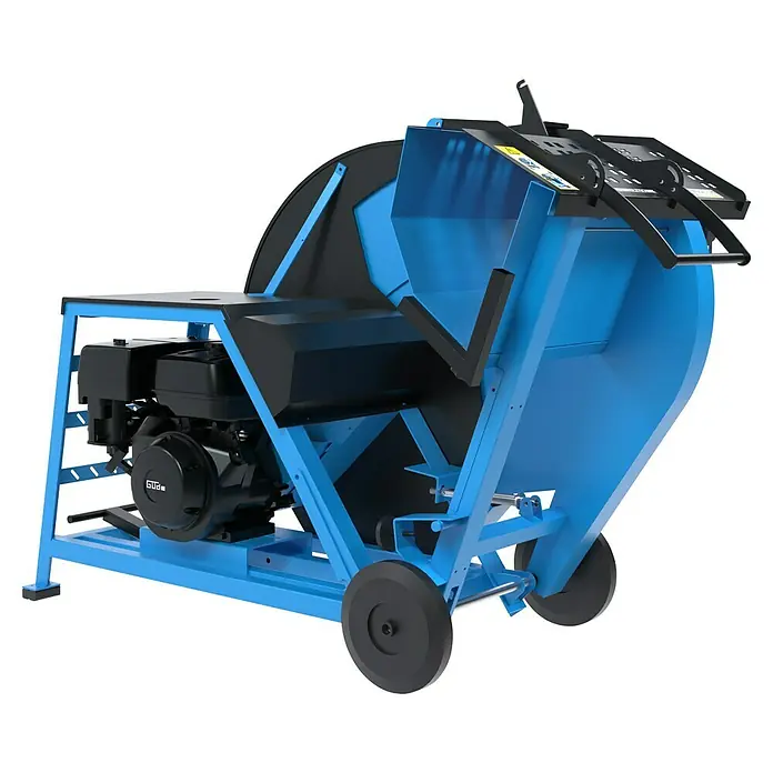 Güde Wippkreissäge BWS 700 - Durchmesser Sägeblatt: 700 mm, Bohrung Sägeblatt: 30 mm - Abbildung einer blauen Wippsäge mit schwarzem Motor. Die Säge hat Räder für den einfachen Transport und eine robuste Bauweise.