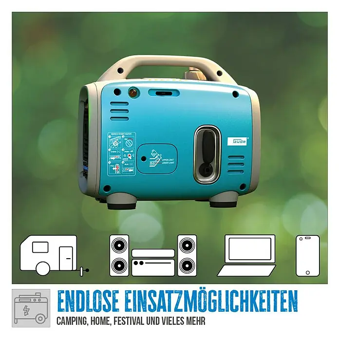 Güde Stromerzeuger 800-1 - 0,8 kW, Tankvolumen: 2,1 l - Das Bild zeigt einen tragbaren Güde Stromgenerator, der für Camping, Zuhause und Festivals geeignet ist. Blaue Akzente.