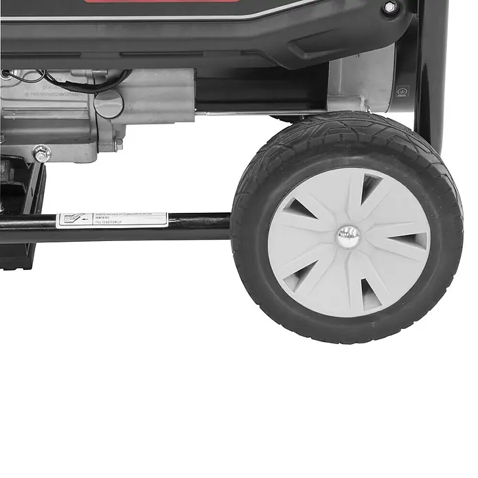 Güde Stromerzeuger GSE 3701 RS - 2,8 kW, Tankvolumen: 15 l, Verbrauch: 1,25 l/h - Detailansicht eines Generators mit Fokus auf Rad und Ölanzeige. Kompaktes Design für zuverlässige Stromversorgung.
