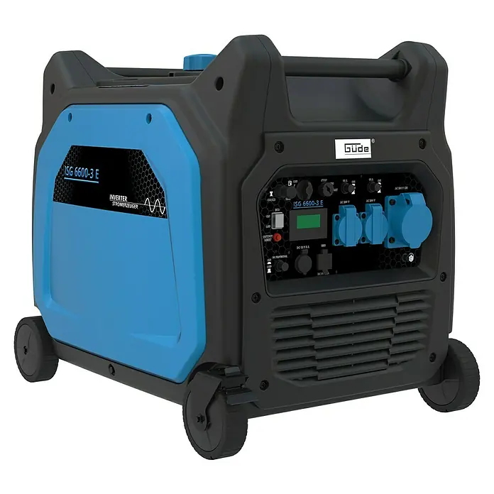 Güde Stromerzeuger 6600-3 E - 6,6 kW, Tankvolumen: 18,5 l, Verbrauch: 4 l/h - Ein blau-schwarzer Güde ISG 6600-3 E Inverter Stromerzeuger mit Rädern ist auf dem Bild zu sehen. Er ist kompakt, leistungsstark und tragbar.