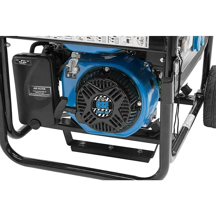 Güde Stromerzeuger GSE 3701 RS - 2,8 kW, Tankvolumen: 15 l, Verbrauch: 1,25 l/h - Nahaufnahme eines blauen Stromgenerators mit der Aufschrift "GSE 3701 RS" und einem schwarzen Luftfilter.