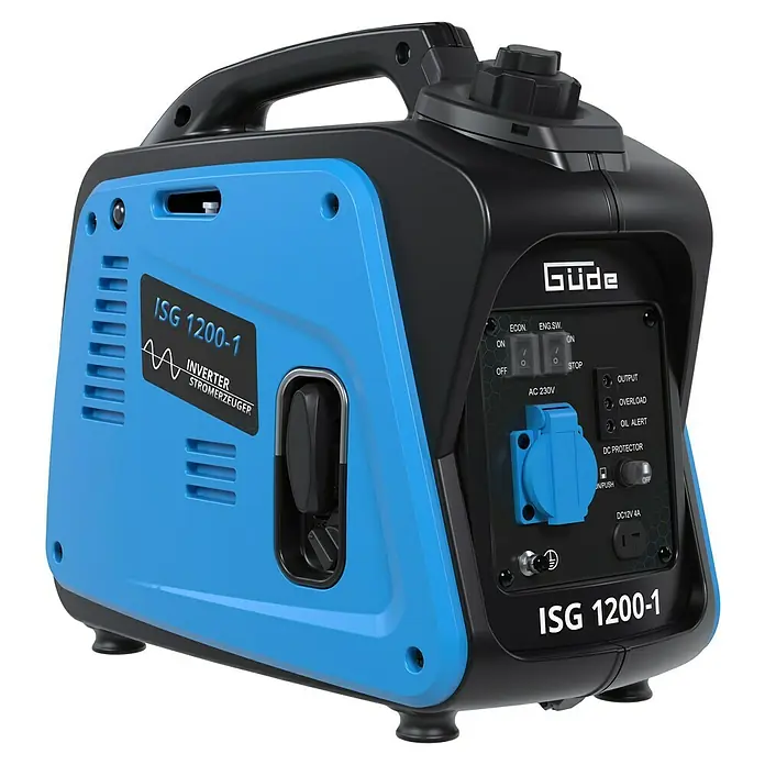Güde Stromerzeuger 1200-1 - 1,2 kW, Tankvolumen: 2,8 l, Verbrauch: 0,57 l/h - Abbildung eines Güde ISG 1200-1 Inverter Stromerzeugers in blau und schwarz.