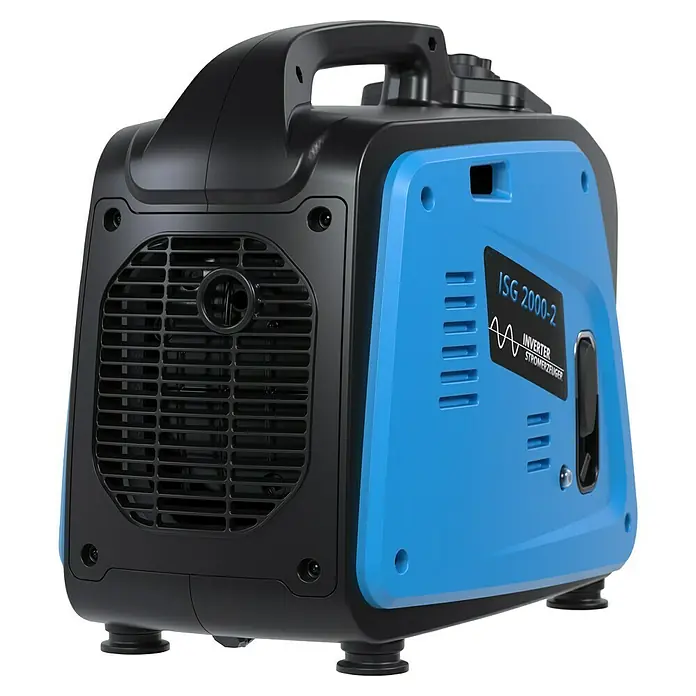 Güde Stromerzeuger 2000-2 - 2 kW, Tankvolumen: 4,1 l, Verbrauch: 0,91 l/h - Nahaufnahme eines blauen und schwarzen ISG 2000-2 Inverter Stromerzeugers mit Tragegriff und Kühlrippen.