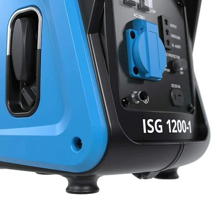 Güde Stromerzeuger 1200-1 - 1,2 kW, Tankvolumen: 2,8 l, Verbrauch: 0,57 l/h - Detailaufnahme eines blauen und schwarzen ISG 1200-1 Stromgenerators mit Steckdose und Bedienelementen.