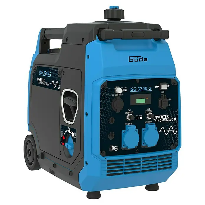 Güde Stromerzeuger ISG 3200-2 - 3.500 kW, Tankvolumen: 7,8 l, Verbrauch: 1,42 l/h - Das Bild zeigt einen blauen Güde ISG 3200-2 Inverter Stromerzeuger mit schwarzem Gehäuse und diversen Anschlüssen.