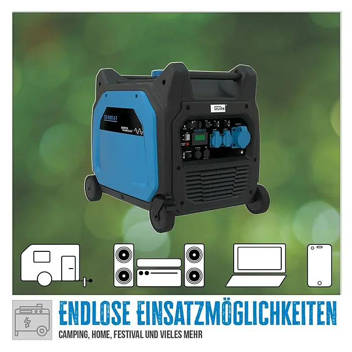 Güde Stromerzeuger 6600-3 E - 6,6 kW, Tankvolumen: 18,5 l, Verbrauch: 4 l/h - Das Bild zeigt einen Güde SG 6600-3 E Inverter Stromerzeuger, ideal für Camping, Zuhause und Festivals.