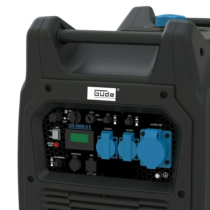 Güde Stromerzeuger 6600-3 E - 6,6 kW, Tankvolumen: 18,5 l, Verbrauch: 4 l/h - Nahaufnahme des Güde ISG 6600-3 E Stromerzeugers, der robuste Leistung und zuverlässige Stromversorgung für verschiedene Anwendungen bietet.