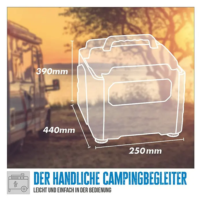 Güde Stromerzeuger 800-1 - 0,8 kW, Tankvolumen: 2,1 l - Produktbild mit Maßen des handlichen Campingbegleiters, leicht und einfach in der Bedienung.