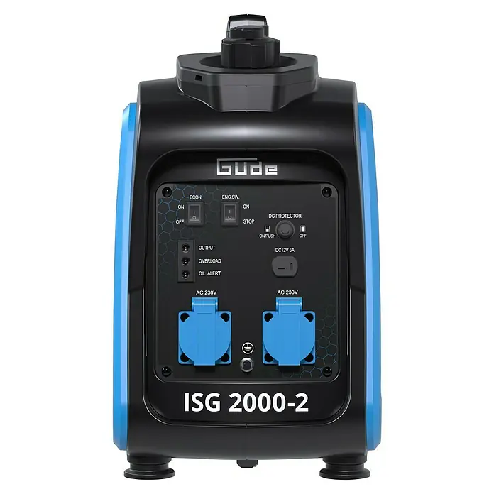 Güde Stromerzeuger 2000-2 - 2 kW, Tankvolumen: 4,1 l, Verbrauch: 0,91 l/h - Das Güde ISG 2000-2 Stromerzeuger-Panel mit Schaltern, Steckdosen und Anzeigen für Ausgangsleistung, Überlastung und Ölmangel.