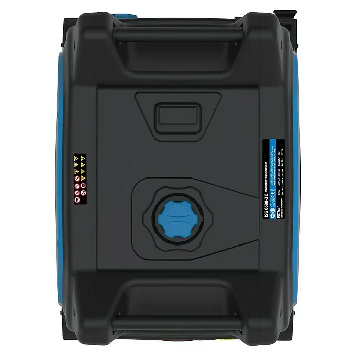 Güde Stromerzeuger 6600-3 E - 6,6 kW, Tankvolumen: 18,5 l, Verbrauch: 4 l/h - Ansicht von oben des GÜDE ISG 6600-3 E Inverter Stromerzeugers, einem tragbaren Stromgenerator mit blau-schwarzem Gehäuse.