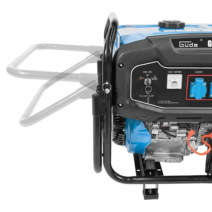 Güde Stromerzeuger GSE 8701 RS - 3,5 kW - 7,8 kW, Tankvolumen: 25 l, Verbrauch: 4,2 l/h - Abbildung eines Güde Stromerzeugers mit blauem Gehäuse und schwarzem Bedienfeld mit Schaltern und Anschlüssen.