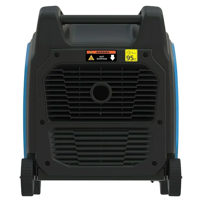 Güde Stromerzeuger 6600-3 E - 6,6 kW, Tankvolumen: 18,5 l, Verbrauch: 4 l/h - Die Rückansicht eines schwarzen Stromgenerators mit Rädern und Warnhinweisen zu heißen Oberflächen und dem Geräuschpegel von 95 dB.