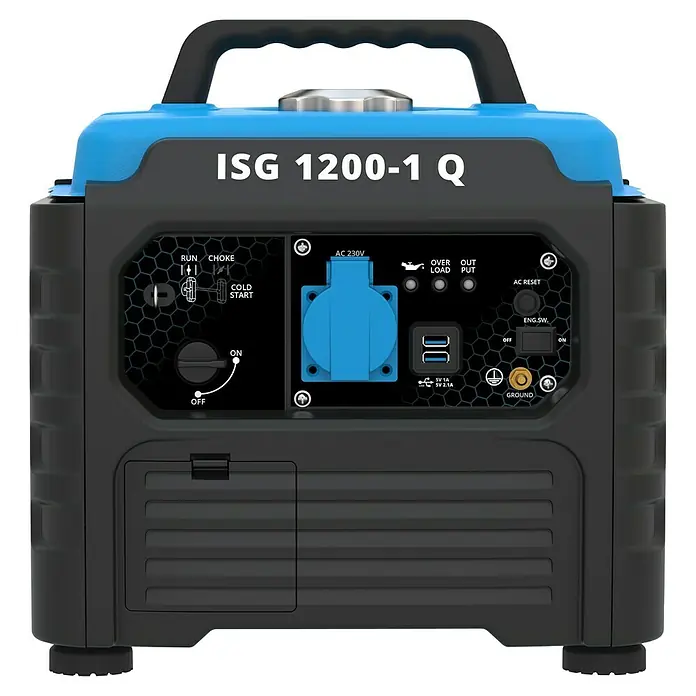 Güde Stromerzeuger SG 1200-1 Q - 1,2 kW, Tankvolumen: 3 l, 0,5 l/h - Abbildung eines ISG 1200-1 Q Stromerzeugers mit blau-schwarzem Design, das Leistung und Portabilität vereint.