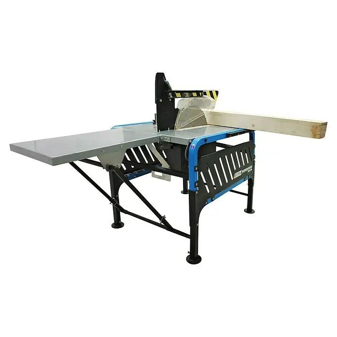 Güde Tischkreissäge PBK 500 - 3.000 W, Durchmesser Sägeblatt: 500 mm - Baukreissäge mit Tisch und Holz. Das Gerät ist blau und grau.