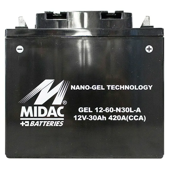 Güde Batterie Gel 53030 - 30 Ah, 12 V - Ein MIDAC GEL 12-60-N30L-A 12V-30Ah 420A(CCA) Motorradbatterie mit Nano-Gel Technologie für zuverlässige Leistung.