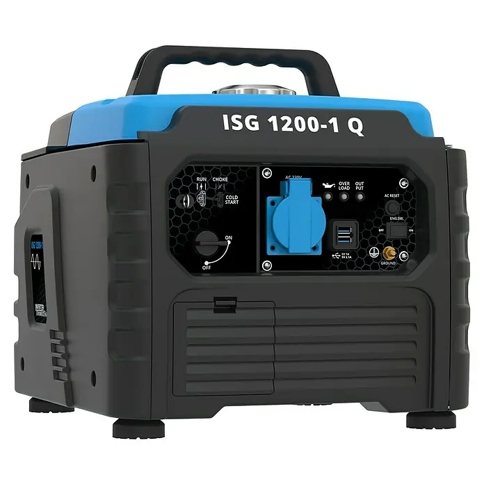 Güde Stromerzeuger SG 1200-1 Q - 1,2 kW, Tankvolumen: 3 l, 0,5 l/h - Nahaufnahme eines blauen und schwarzen ISG 1200-1 Q Stromerzeugers, der für eine zuverlässige Stromversorgung bei Bedarf ausgelegt ist.