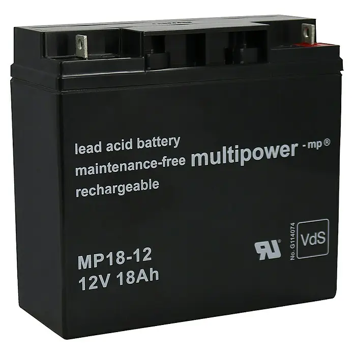 Güde Batterie MP 18-12 12V 18AH - Passend für: Güde Stromerzeuger GSE 5501 DSG - Das Bild zeigt eine schwarze Multipower MP18-12 Blei-Säure-Batterie mit einer Spannung von 12V und einer Kapazität von 18Ah.