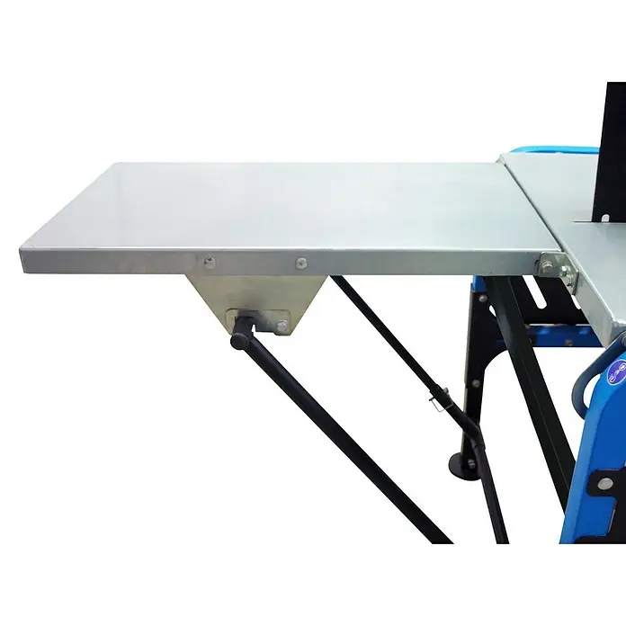 Güde Tischkreissäge PBK 500 - 3.000 W, Durchmesser Sägeblatt: 500 mm - Detailaufnahme einer Metalltischverlängerung mit schwarzem Stützbein an einer Bandsäge. Präzise Verarbeitung und robuste Bauweise.