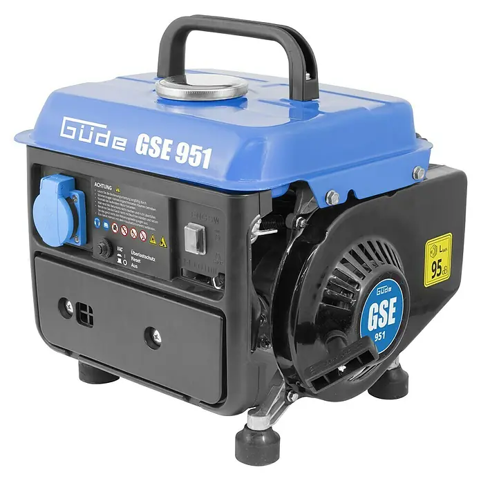 Güde Stromerzeuger GSE 951 - 720 W, Verbrauch: 0,5 l/h, Tankvolumen: 3,8 l - Abbildung eines blauen und schwarzen Güde GSE 951 Stromerzeugers, einem tragbaren Gerät zur Stromversorgung.