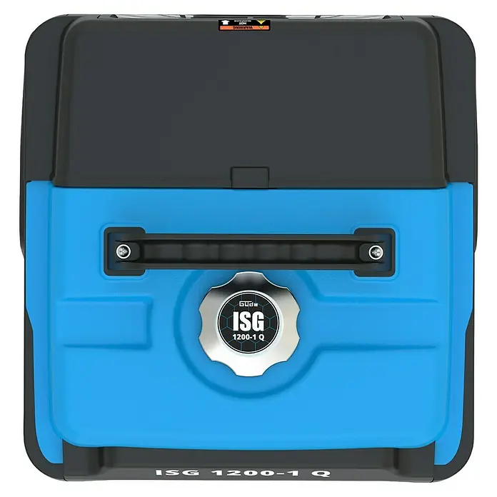 Güde Stromerzeuger SG 1200-1 Q - 1,2 kW, Tankvolumen: 3 l, 0,5 l/h - Das Bild zeigt einen blauen Stromerzeuger ISG 1200-1 Q mit schwarzem Oberteil, ideal für Baustellen und den mobilen Einsatz.
