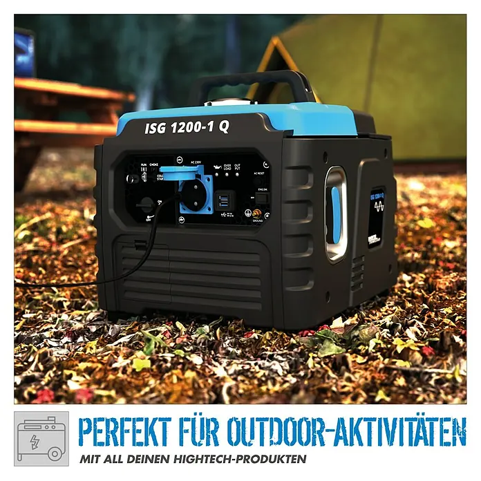 Güde Stromerzeuger SG 1200-1 Q - 1,2 kW, Tankvolumen: 3 l, 0,5 l/h - Tragbarer ISG 1200-1 Q Stromgenerator für Outdoor-Aktivitäten mit blauer Akzentfarbe und diversen Anschlüssen, ideal für Hightech-Produkte.