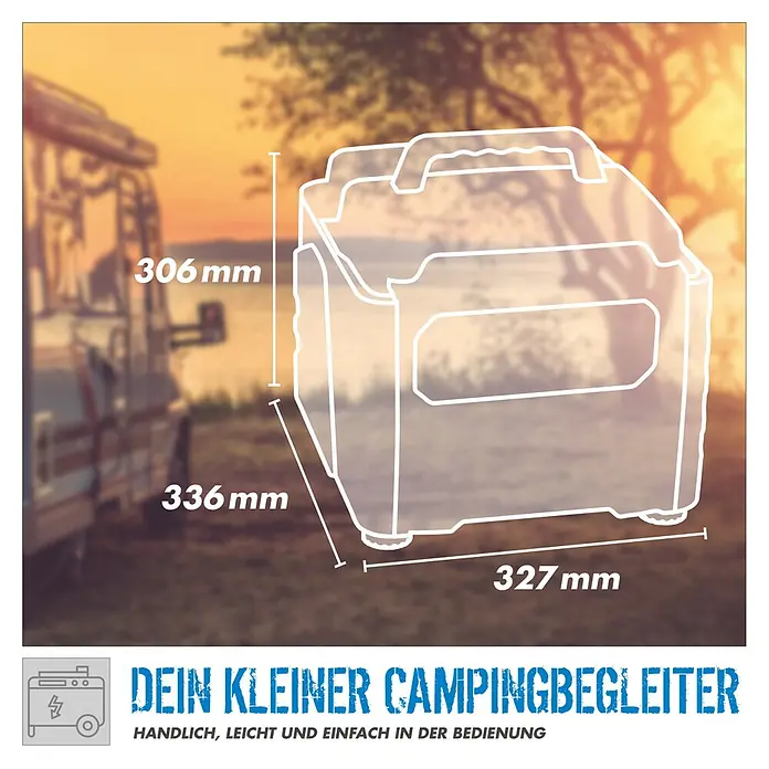 Güde Stromerzeuger SG 1200-1 Q - 1,2 kW, Tankvolumen: 3 l, 0,5 l/h - Abbildung eines tragbaren Generators mit den Maßen 306 mm Höhe, 336 mm Breite und 327 mm Tiefe.