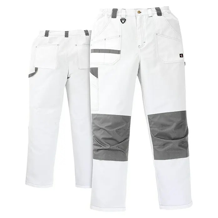 Arbeitshose - Herren, S, Weiß - Abgebildete Arbeitskleidung: eine weiße Arbeitshose mit verstärkten Knien und mehreren Taschen für den Einsatz auf der Baustelle.