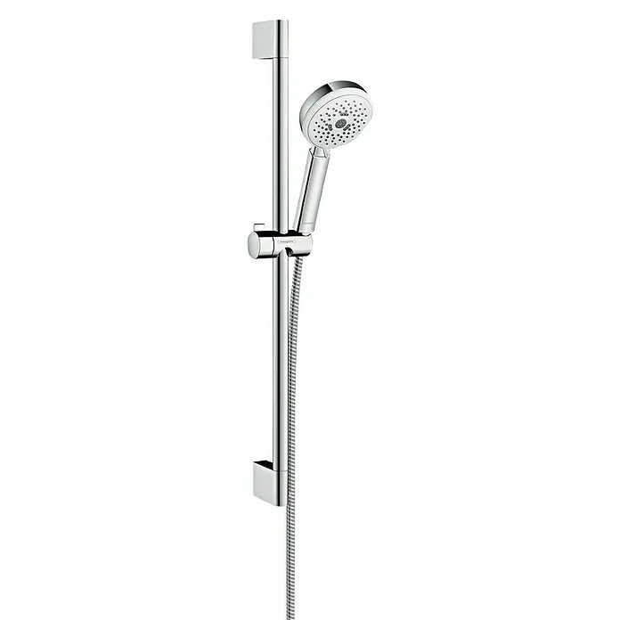 Hansgrohe Crometta Brausegarnitur 100 Multi - Lochabstand: 62,5 cm, Art Strahl: Rain, Turbostrahl, Massagestrahl, Chrom - Bild einer modernen Handbrause mit Haltestange in Chrom, die im Badezimmer für ein stilvolles Duscherlebnis sorgt.