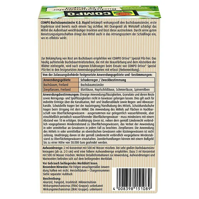Compo Insektenvernichter Buchsbaumzünsler K.O. RAPID - 75 ml - COMPO Buchsbaumzünsler K.O. Rapid Produktinformation. Bekämpft wirkungsvoll Buchsbaumzünsler mit Orangenöl. Erste Ergebnisse nach einem Tag sichtbar.