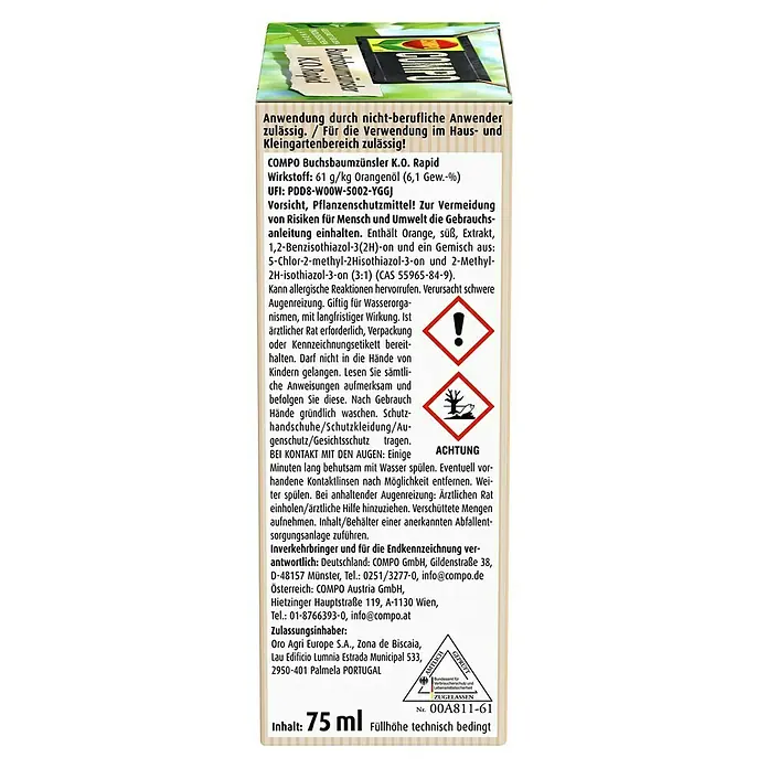 Compo Insektenvernichter Buchsbaumzünsler K.O. RAPID - 75 ml - Abgebildet ist ein COMPO Buchsbaumzünsler K.O. Rapid Schädlingsbekämpfungsmittel zur Anwendung im Haus- und Kleingartenbereich.
