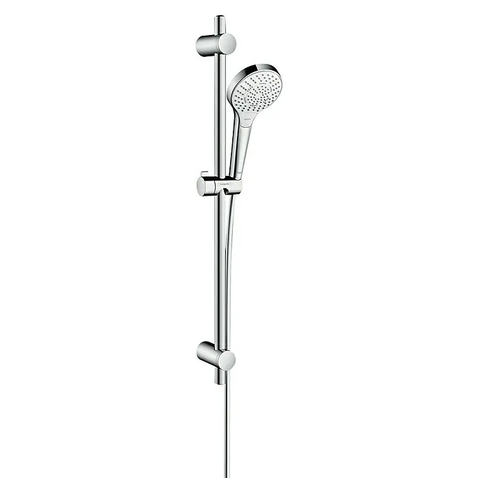 Hansgrohe Brausegarnitur My Select S Vario - Lochabstand: 40 cm - 61 cm, Art Strahl: SoftRain, IntenseRain, Turbostrahl, Chrom - Detaillierte Aufnahme einer verchromten Duschstange mit Handbrause, die ein modernes und funktionales Design für das Badezimmer zeigt.