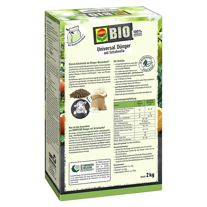 Compo Bio-Schafwolldünger Universal - 2 kg, Gartenpflanzen - COMPO BIO Universal Dünger mit Schafwolle: Ein natürlicher Universaldünger für Gartenpflanzen, Obst und Gemüse mit Langzeitwirkung.