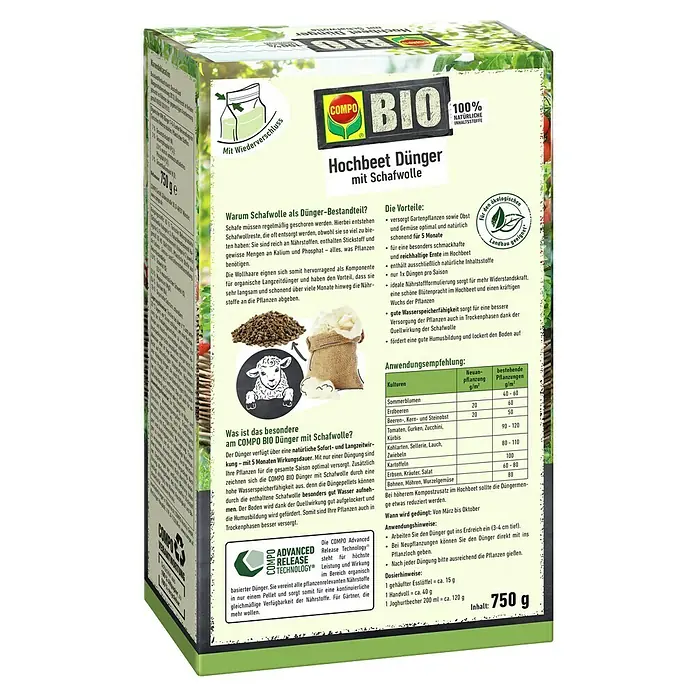 Compo Bio-Schafwolldünger Hochbeet - 750 g, Hochbeet - COMPO BIO Hochbeet Dünger mit Schafwolle: Ein natürlicher Langzeitdünger für optimales Wachstum im Hochbeet, schonend für Pflanzen und reich an Nährstoffen.