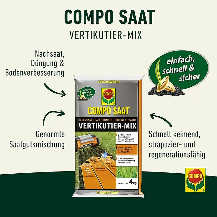 Compo Saat Vertikutier-Mix - 4 kg, 133 m² - COMPO SAAT Vertikutier-Mix: Rasensamen, Rasendünger und Bodenaktivator für die Rasenreparatur und -regeneration nach dem Vertikutieren.