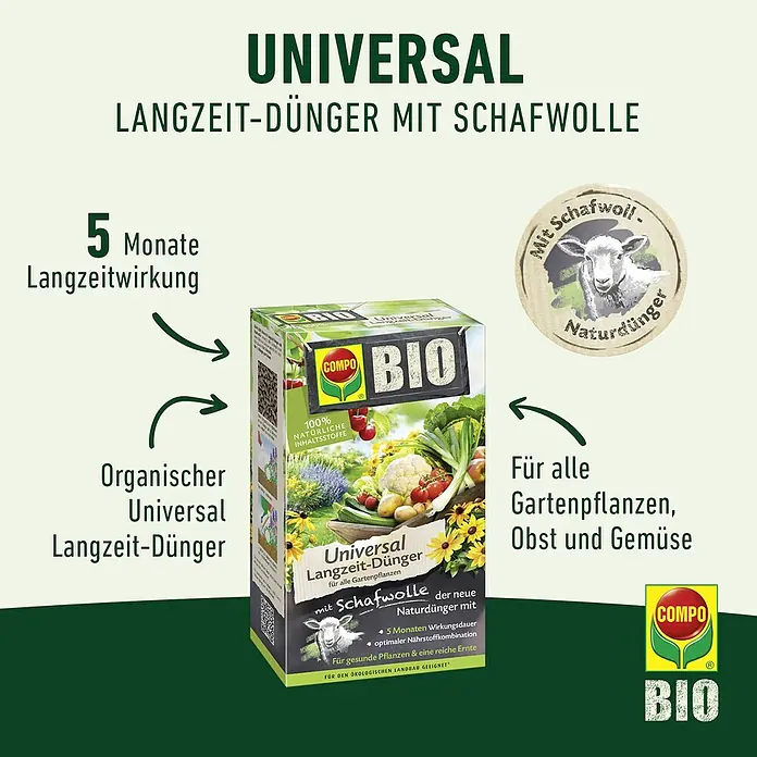 Compo Bio-Schafwolldünger Universal - 2 kg, Gartenpflanzen - Produktbild: Universal Langzeit-Dünger mit Schafwolle von COMPO BIO, ein organischer Universaldünger für Gartenpflanzen, Obst und Gemüse.