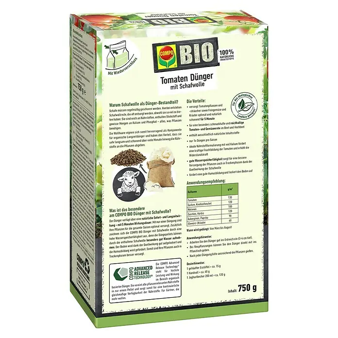 Compo Bio-Schafwolldünger Tomaten - 0,75 kg, Gemüse - COMPO BIO Tomaten Dünger mit Schafwolle: Ein organischer Langzeitdünger für Tomaten, Gemüse und Kräuter, ideal für eine reiche Ernte.