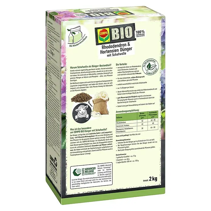 Compo Bio-Schafwolldünger Rhododendron & Hortensien - 2 kg, Hortensien - COMPO BIO Rhododendron- und Hortensiendünger mit Schafwolle, ein organischer Dünger für gesunde Pflanzen und üppige Blütenpracht.