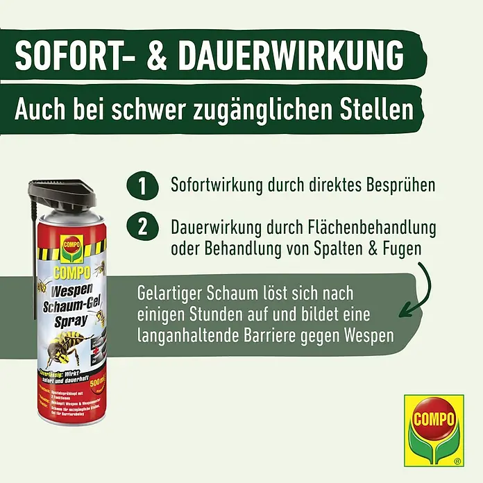 Compo Wespen-Spray Schaum-Gel - 500 ml - Produktabbildung: COMPO Wespen Schaum-Gel Spray für sofortige und dauerhafte Wirkung, auch an schwer zugänglichen Stellen.