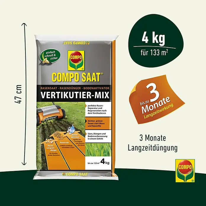 Compo Saat Vertikutier-Mix - 4 kg, 133 m² - COMPO SAAT Vertikutier-Mix: Rasensamen, Rasendünger und Bodenaktivator in einem, für einen dichten und grünen Rasen. 4 kg für 133 m².