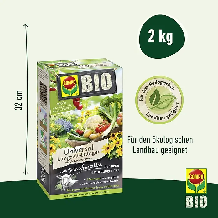 Compo Bio-Schafwolldünger Universal - 2 kg, Gartenpflanzen - Compo BIO Universal Langzeit-Dünger mit Schafwolle, 2 kg Packung, für den ökologischen Landbau geeignet.
