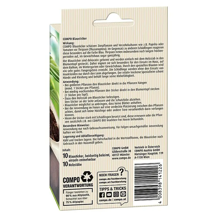 Compo Klebefalle Blausticker - 10 Stk. - COMPO Blausticker: Schützt Zierpflanzen und Gemüse vor Thripsen mit speziellem Leim, ganz ohne Insektizide. Einfache Anwendung für Haus, Balkon & Gewächshaus.