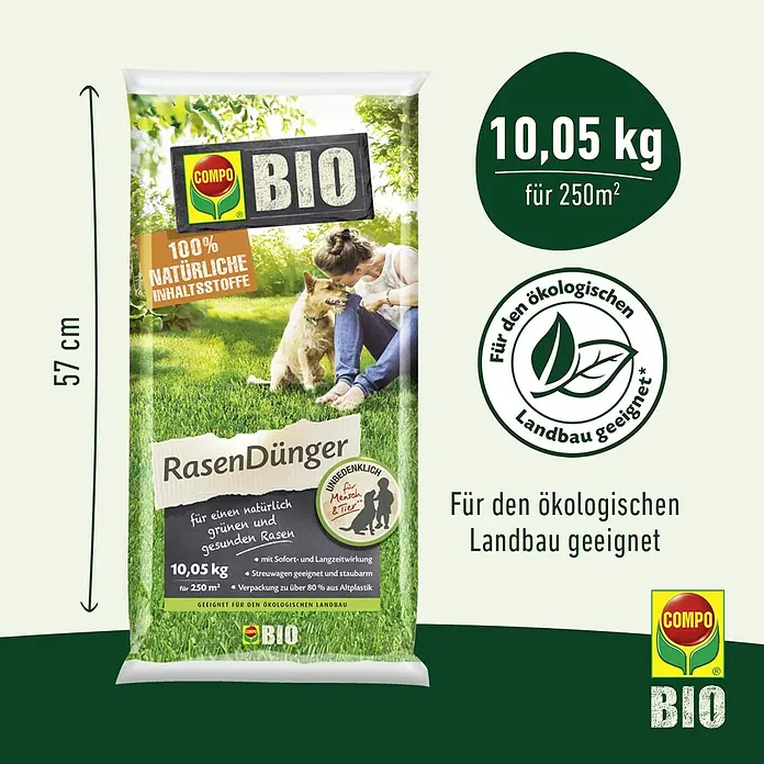 Compo Bio Rasendünger - 10,05 kg, Max. Anwendungsfläche: 500 m² - Bild eines 10,05 kg Sackes COMPO BIO Rasendünger, geeignet für den ökologischen Landbau und 250 m² Rasenfläche.