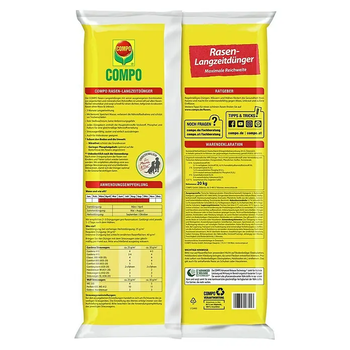 Compo Langzeitdünger Rasendünger - 20 kg, Max. Anwendungsfläche: 500 m² - COMPO Rasen-Langzeitdünger, ein Dünger für einen dichten, grünen Rasen. Maximale Reichweite, schont die Umwelt und ist ungefährlich für Mensch & Tier.