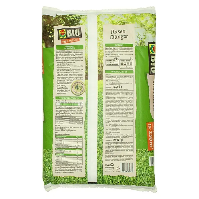Compo Bio Rasendünger - 10,05 kg, Max. Anwendungsfläche: 500 m² - Ein Sack COMPO BIO Rasendünger, ein Bio-Rasendünger für eine üppige, natürliche Rasenpflege und eine gleichmäßige Nährstoffversorgung.