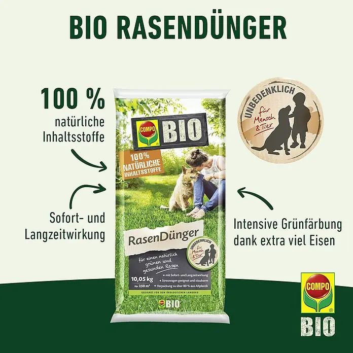 Compo Bio Rasendünger - 10,05 kg, Max. Anwendungsfläche: 500 m² - Bio Rasendünger von COMPO: 100% natürliche Inhaltsstoffe für einen grünen und gesunden Rasen, intensive Grünfärbung dank Eisen.