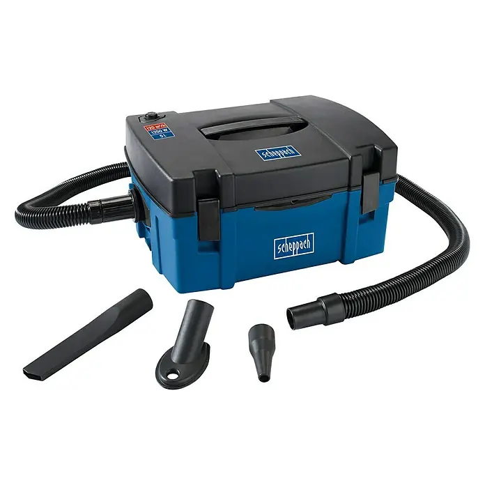 Scheppach Equipo de aspiración HD2P - Potencia de aire máx.: 120 m³/h, Capacidad del depósito: 5 l, 1.250 W - Aspiradora industrial Scheppach con accesorios, ideal para taller y obra.
