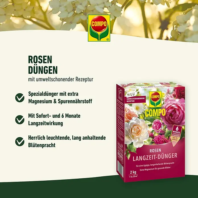 Compo Langzeitdünger Rosen - 850 g - COMPO Rosendünger für üppige Blütenpracht. Spezialdünger mit Magnesium & Spurennährstoff für sofortige und langanhaltende Wirkung.