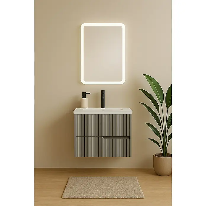 Mueble bajo de lavabo Claire - L x An x Al: 45 x 80 x 50 cm, Gris, 1 seno, salida central, Número de cajones: 2 ud. - Elegante lavabo de baño con un mueble bajo y un espejo iluminado, perfecto para diseños de baño modernos.