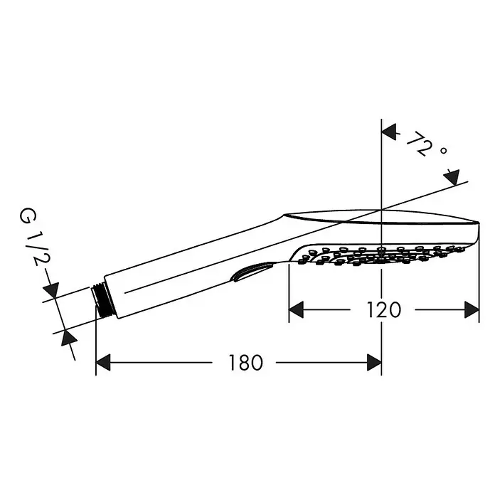 Hansgrohe Handbrause Raindance Select E - Anzahl Funktionen: 3 Stk., Durchmesser: 12 cm, Chrom - Technische Zeichnung einer Handbrause mit Maßangaben zu Größe und Anschluss. Details wie Länge, Durchmesser und Winkel sind angegeben.
