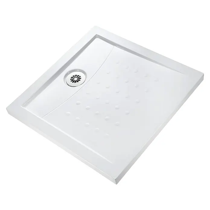 Plato de ducha Code - L x An: 80 x 80 cm, Acrílico sanitario, Blanco - Imagen de un plato de ducha cuadrado, antideslizante y blanco con un desagüe redondo en la esquina. La bandeja tiene un borde elevado.